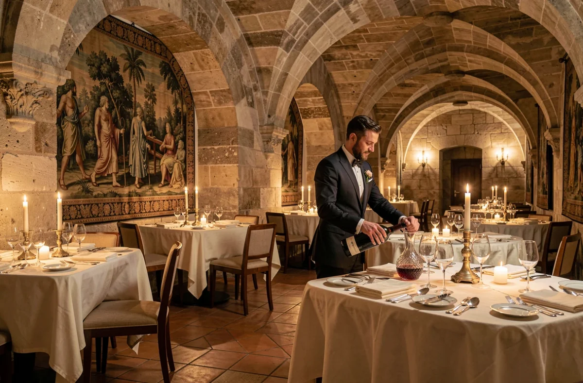 Salle historique du restaurant L'Ambroisie place des Vosges avec tapisseries et décor classique