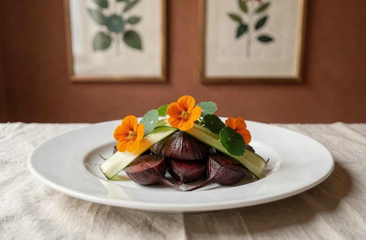 Assiette végétale artistique du chef Alain Passard au restaurant L'Arpège à Paris
