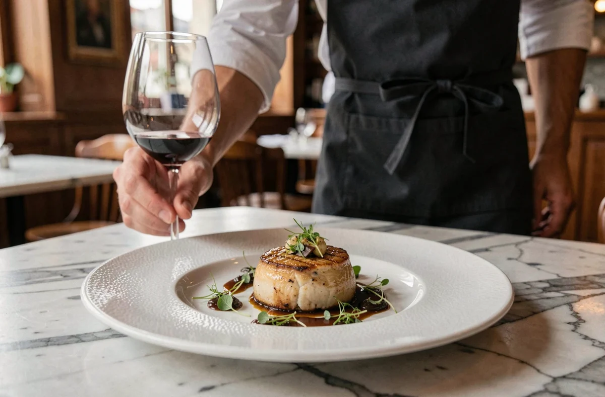 Assiette gastronomique soigneusement dressée au restaurant Bontemps en Isère, avec sauce en réduction et herbes fraîches