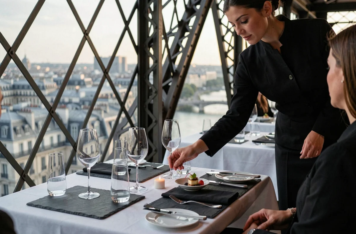 Table gastronomique du restaurant Le Jules Verne dans la Tour Eiffel avec panorama sur Paris