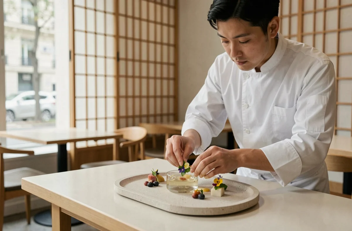 Intérieur épuré du restaurant Kei à Paris alliant gastronomie française et japonaise