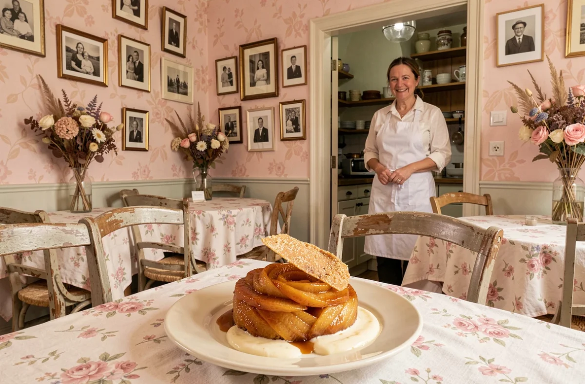 Dessert gourmand inspiré de la tarte Tatin dans l'ambiance champêtre et chaleureuse du restaurant La Belle Histoire en Isère