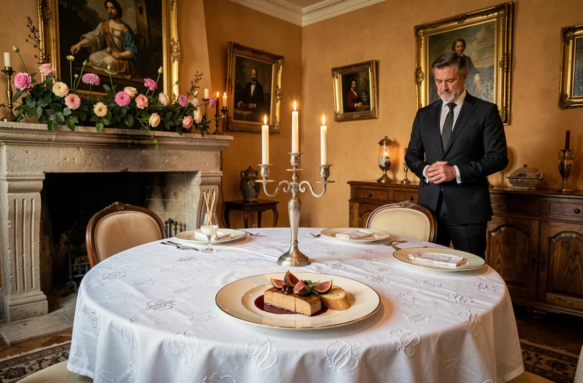 Salle à manger élégante du Clos Romain en Isère avec foie gras poêlé et décor de manoir provençal raffiné