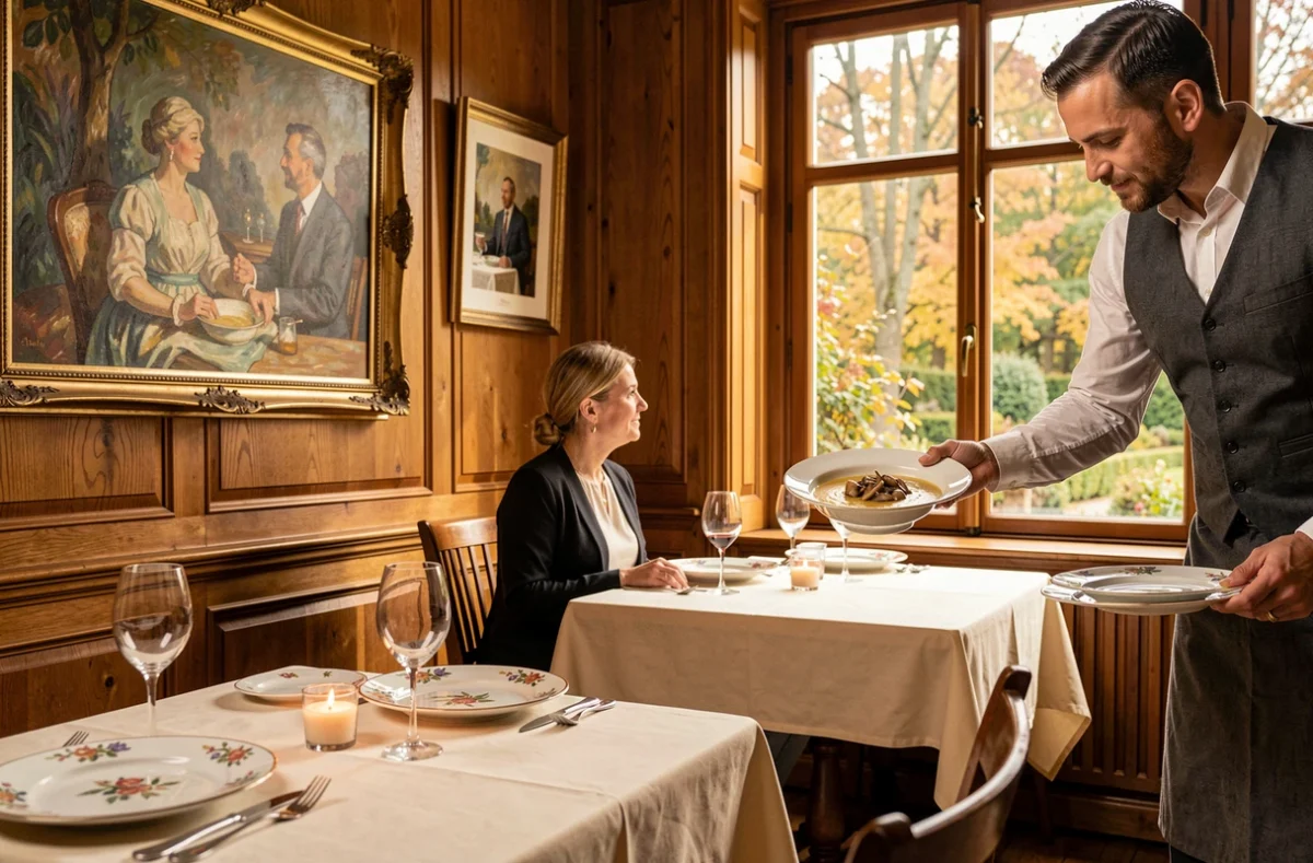 Salle feutrée du restaurant Le Corot à Ville-d'Avray avec décor impressionniste et jardins