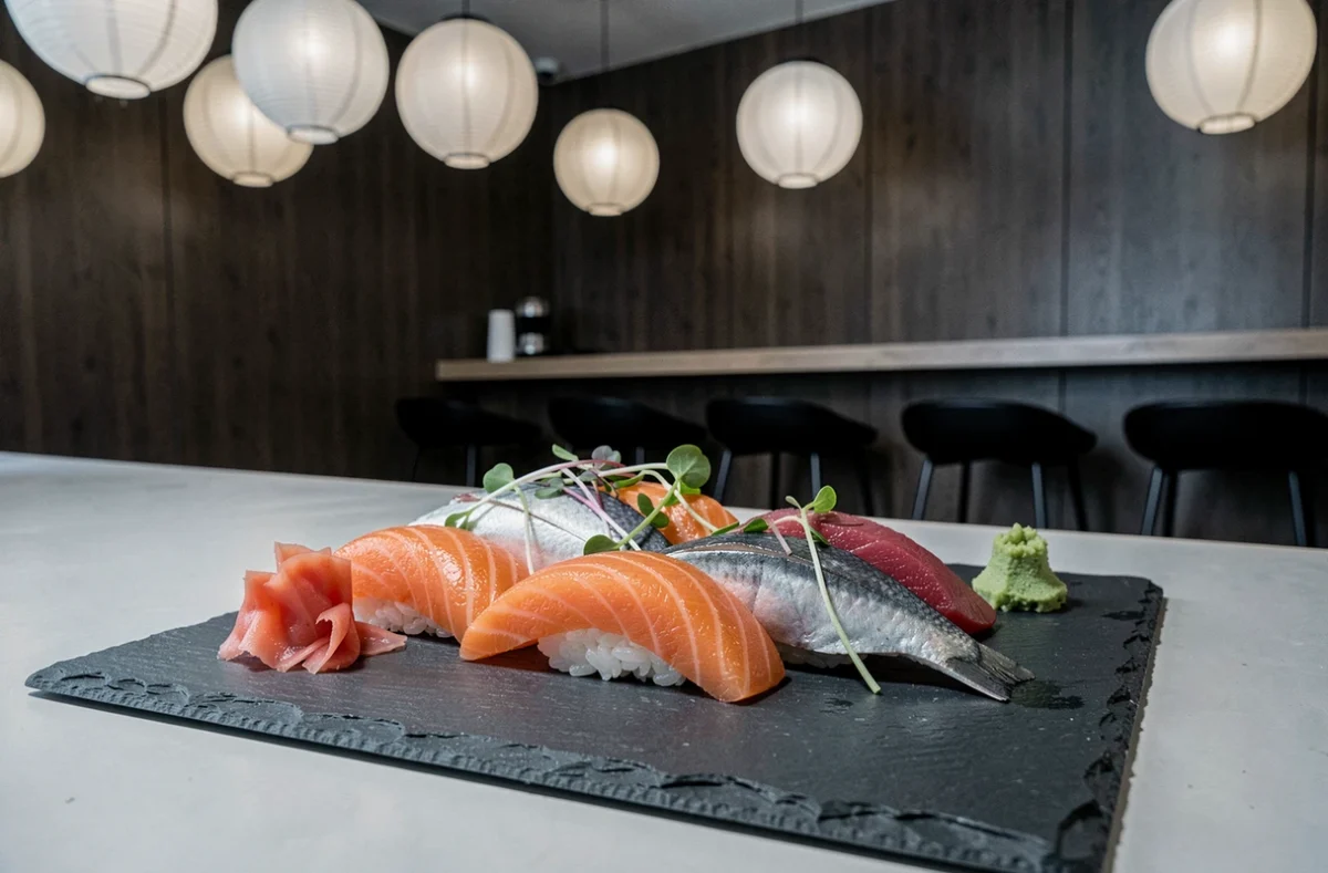 Plateau de sushis et sashimis soigneusement présentés sur ardoise au restaurant Le Katana en Isère