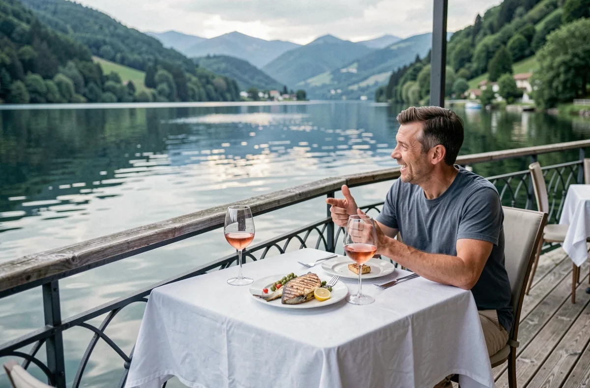 Terrasse en bois sur l'eau du restaurant Le Ponton en Isère, avec poisson grillé et verres de rosé face au paysage lacustre