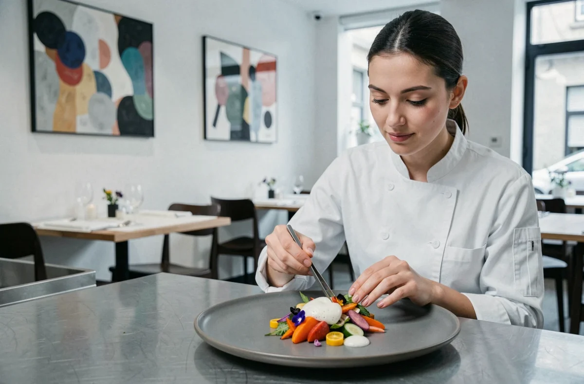 Chef ajustant une assiette créative au restaurant L'Inspiration en Isère, avec fleurs comestibles et légumes de saison