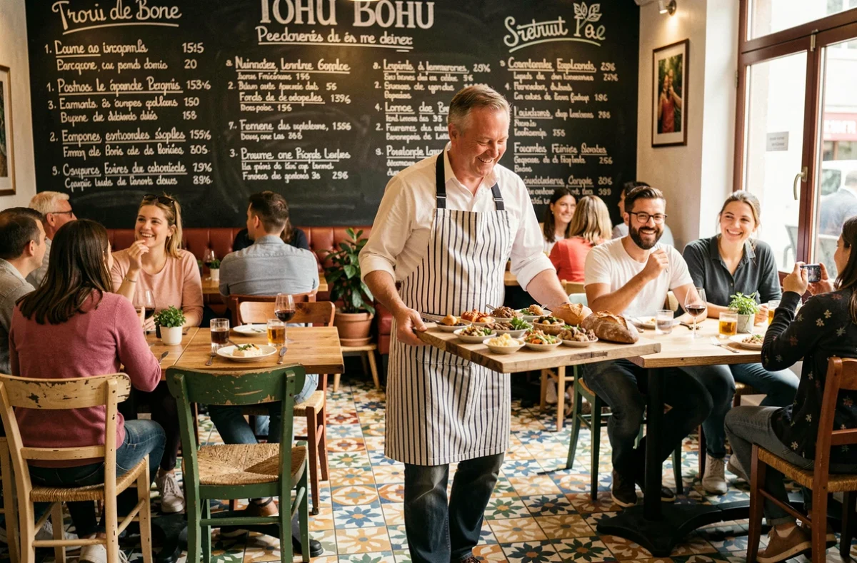 Serveur portant des planches de partage dans la salle animée et éclectique du restaurant Tohu Bohu en Isère