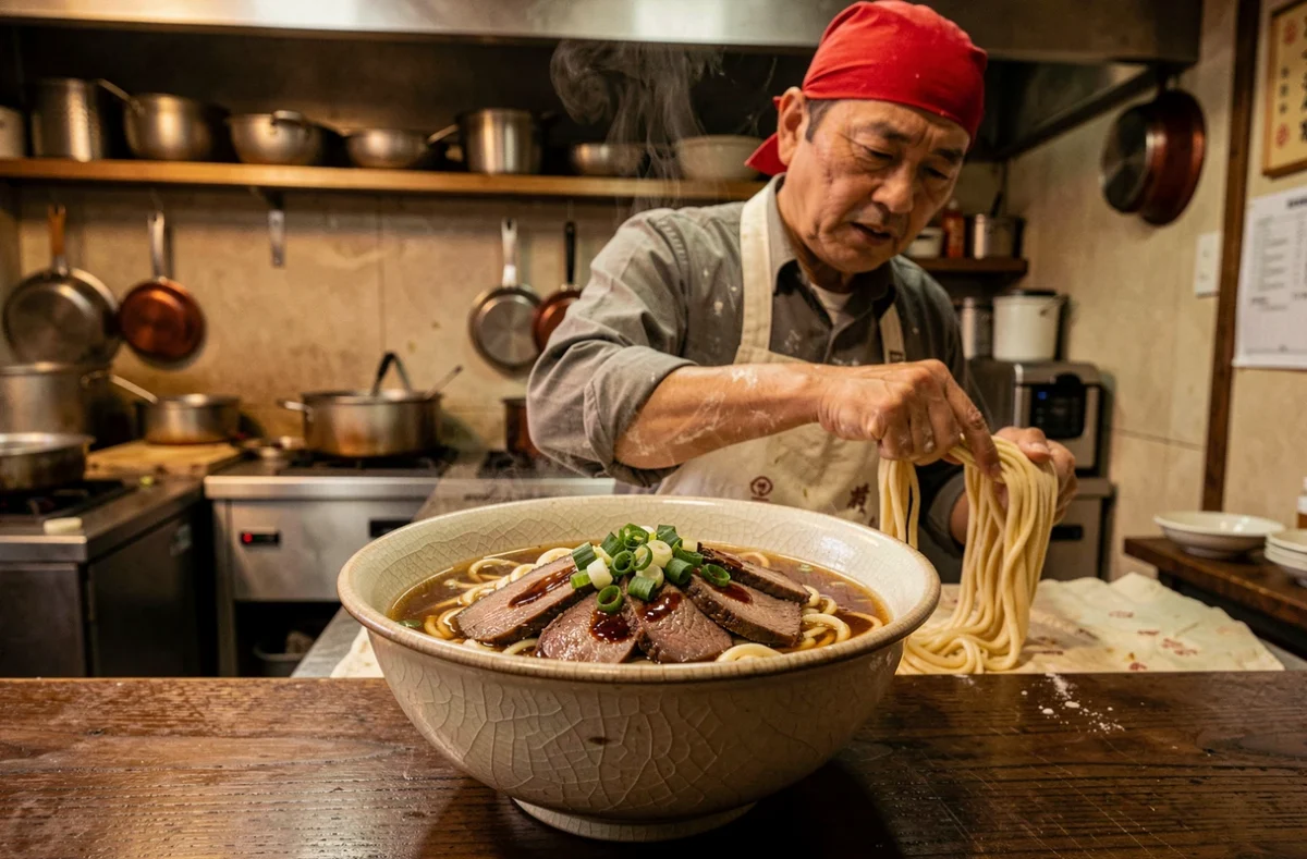 Grand bol de nouilles lamian maison en bouillon de bœuf au restaurant Wukong Lamian en Isère, chef en cuisine ouverte en arrière-plan