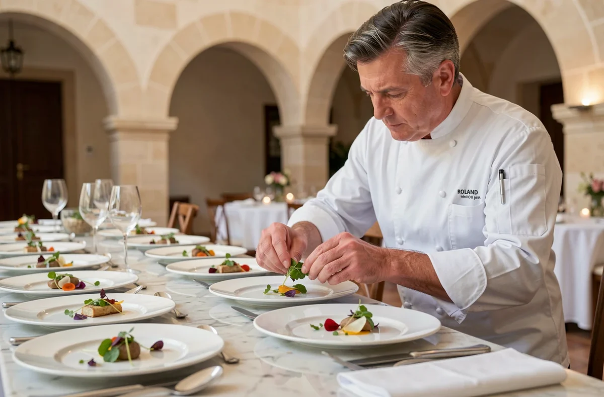 Chef du traiteur Roland Paix dressant une assiette gastronomique haut de gamme en Provence