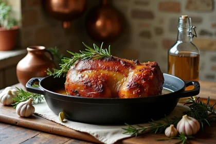 Rôti de porc à la cocotte en fonte posé sur une table de ferme en chêne, entouré d'herbes aromatiques fraîches et d'épices de saison dans une cuisine rustique française