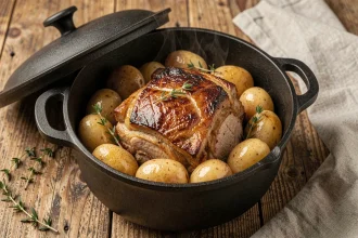 Rôti de porc doré en cocotte en fonte avec pommes de terre fondantes et thym frais sur table en bois rustique