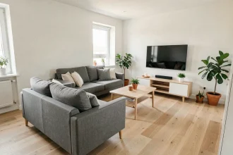 Salon meublé avec canapé et table basse So Cooc dans un appartement moderne style location