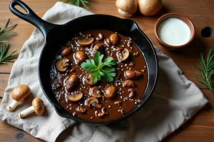 Poêle en fonte avec sauce aux cèpes maison sur table en bois rustique, entourée de cèpes séchés et de persil frais