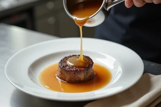 Sauce à l'échalote brillante et nappante versée sur une viande poêlée dans une assiette blanche en céramique