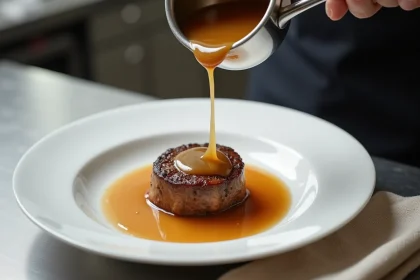 Sauce à l'échalote brillante et nappante versée sur une viande poêlée dans une assiette blanche en céramique