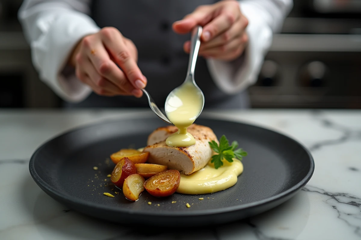 Chef nappant une sauce estragon sur du poulet rôti avec purée de céleri-rave en cuisine professionnelle