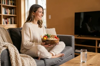 Femme détendue sur un canapé mangeant un repas équilibré devant la télévision le soir