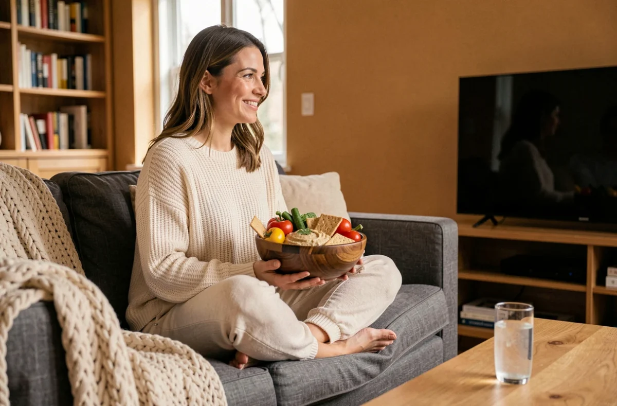 Femme détendue sur un canapé mangeant un repas équilibré devant la télévision le soir