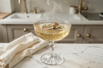 Soupe champagne classique servie dans une coupe en cristal sur un plan de travail en marbre blanc, garnie de truffe et d'herbes fraîches