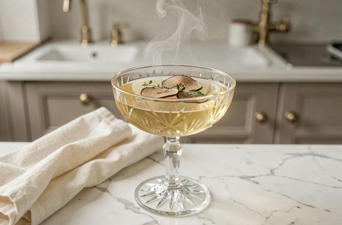 Soupe champagne classique servie dans une coupe en cristal sur un plan de travail en marbre blanc, garnie de truffe et d'herbes fraîches