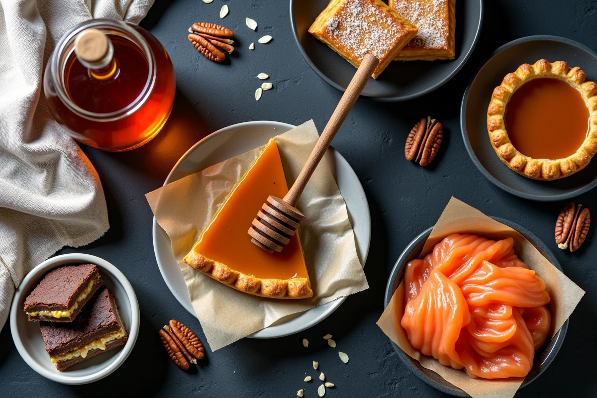 Assortiment de spécialités culinaires canadiennes vues du dessus : sirop d'érable, butter tart, saumon fumé et Nanaimo bar sur ardoise sombre
