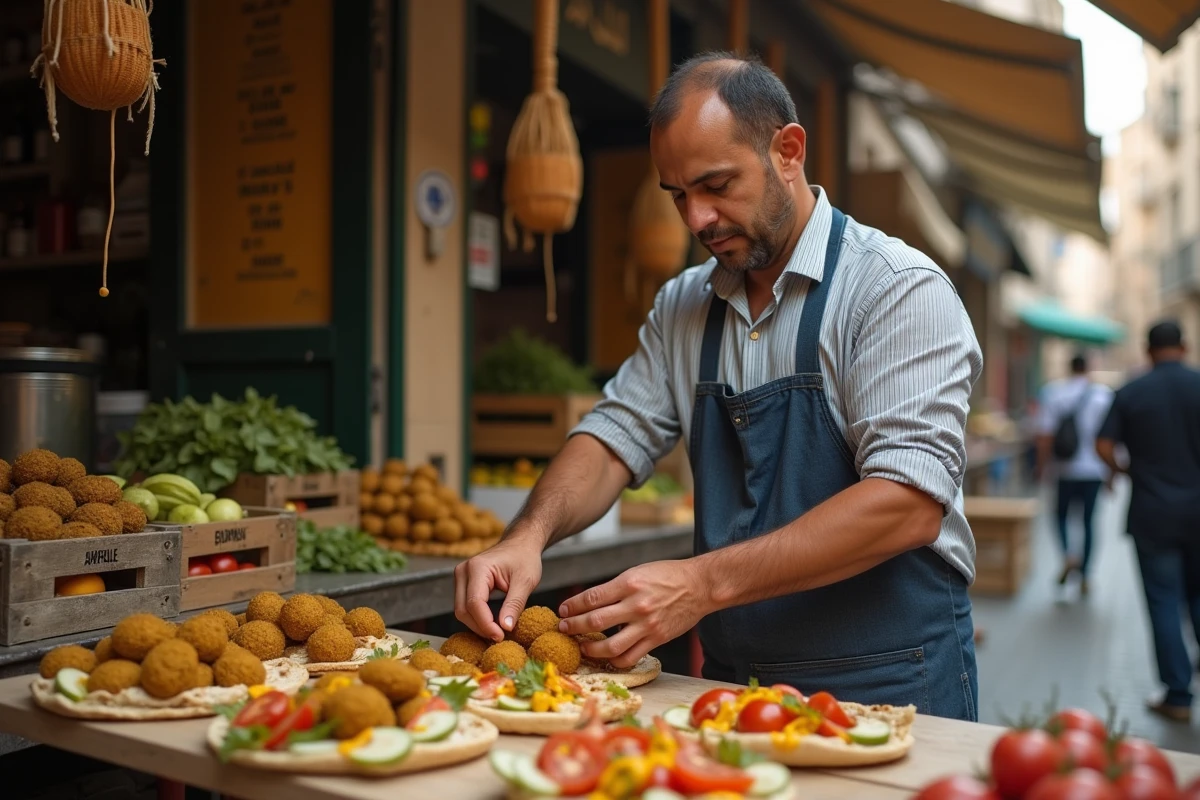 Vendeur de rue alexandrin préparant des sandwichs ta'ameya falafel égyptien dans un marché traditionnel