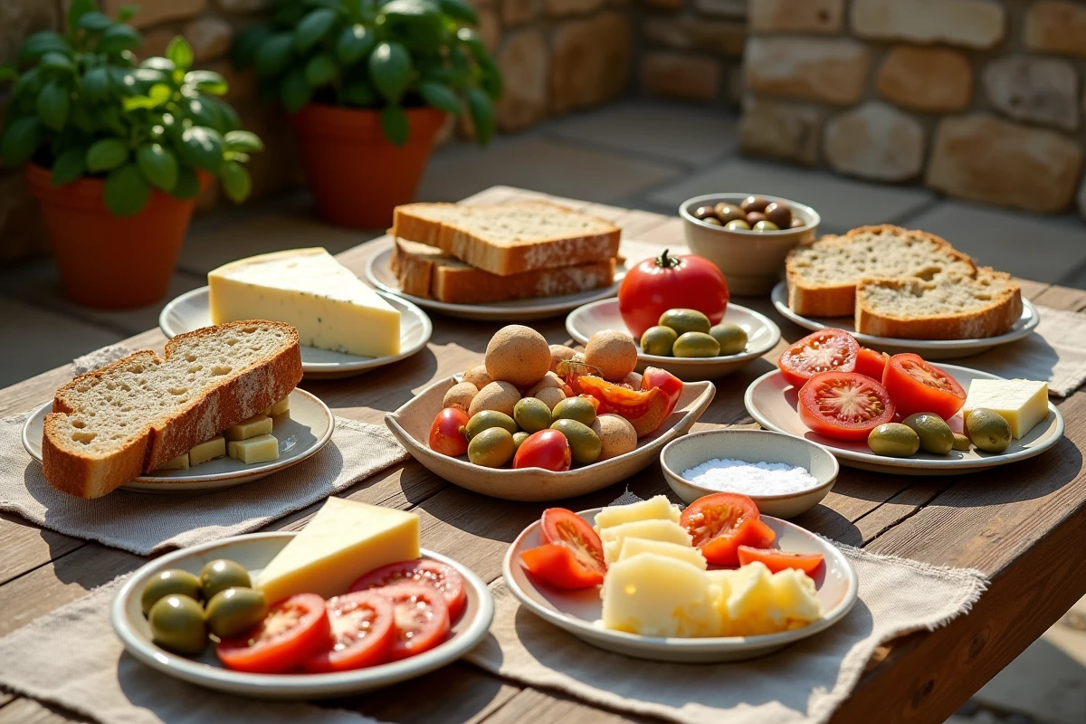 Table garnie de fromages, tomates fraîches, pain artisanal et olives sur une terrasse méditerranéenne