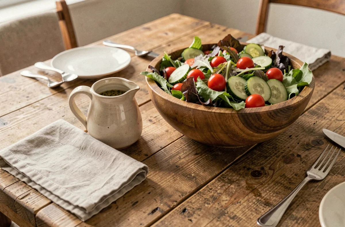 Table familiale rustique avec une cruche de vinaigrette maison et un saladier en bois pour un repas d'enfants