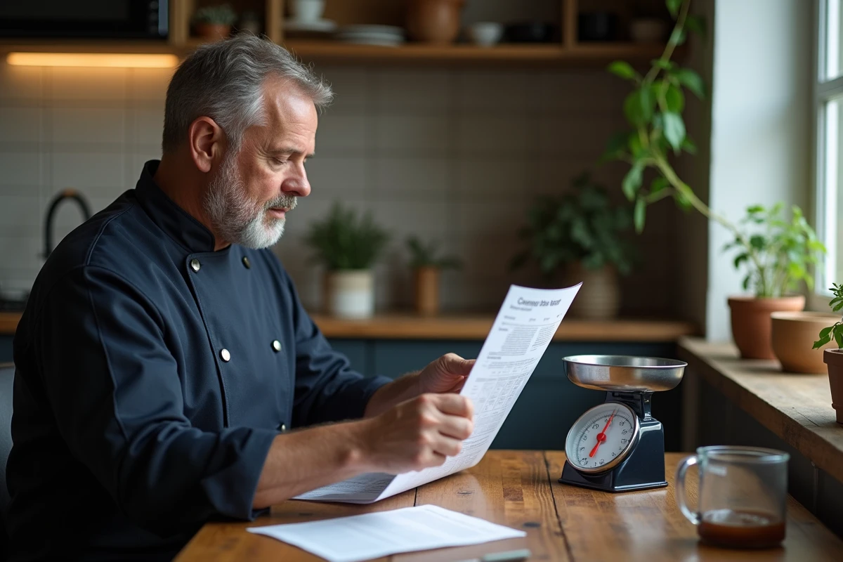 Homme consultant un tableau de conversion grammes et centilitres à côté d'une balance numérique affichant 125g dans une cuisine