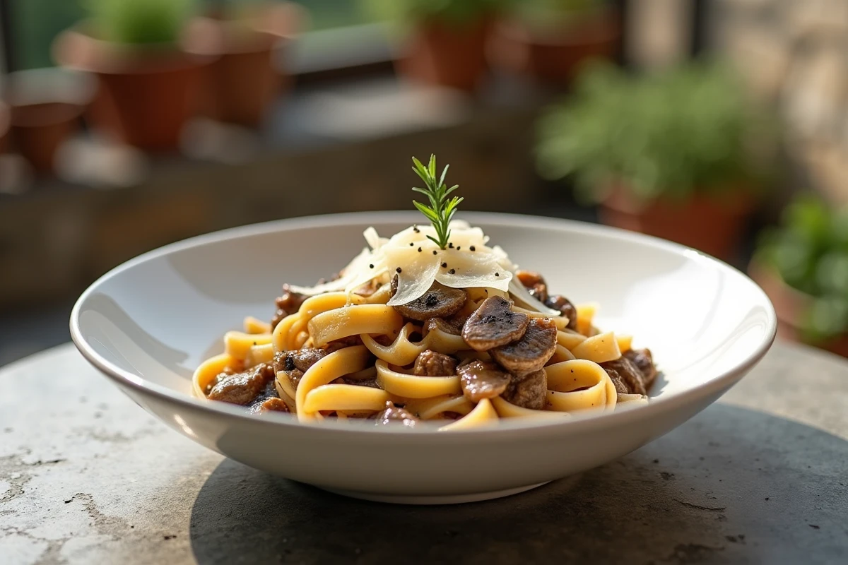 Bol de tagliatelles nappées de sauce aux cèpes maison avec copeaux de parmesan et thym frais sur terrasse en pierre