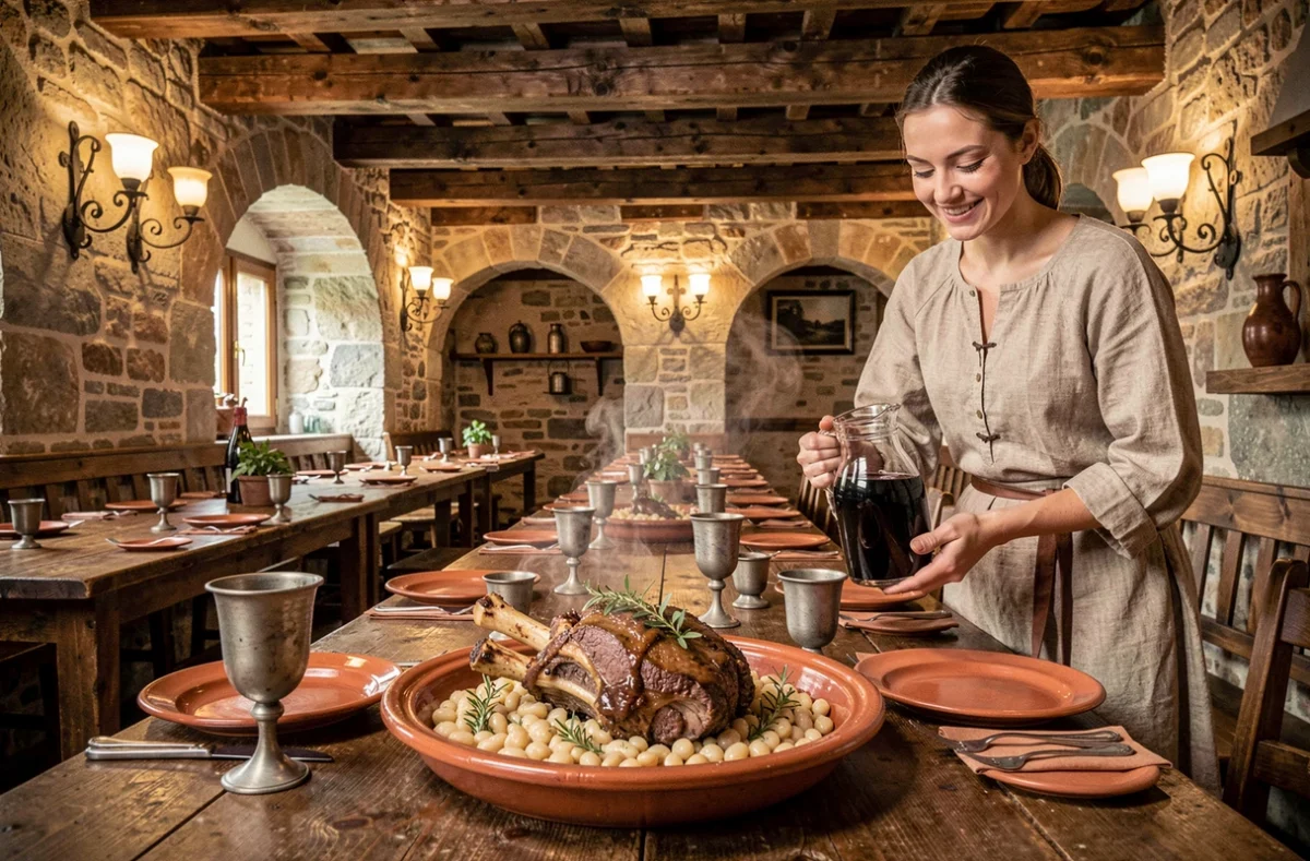 Intérieur chaleureux et médiéval de la Taverne Bélier Rouge en Isère avec plat de terroir fumant et serveuse souriante