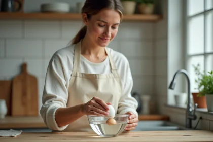 Femme testant la fraîcheur d'un œuf cru dans un verre d'eau transparent posé sur un plan de travail en bois