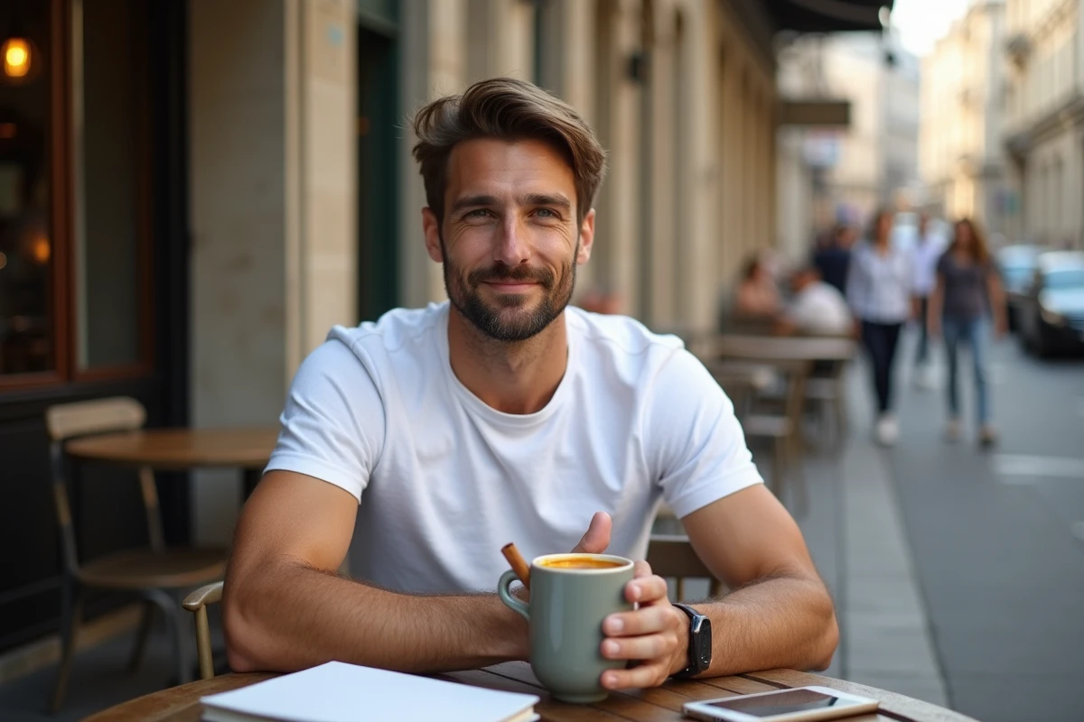 Homme tenant une tasse de thé détox au curcuma en terrasse de café urbain avec carnet et smartphone
