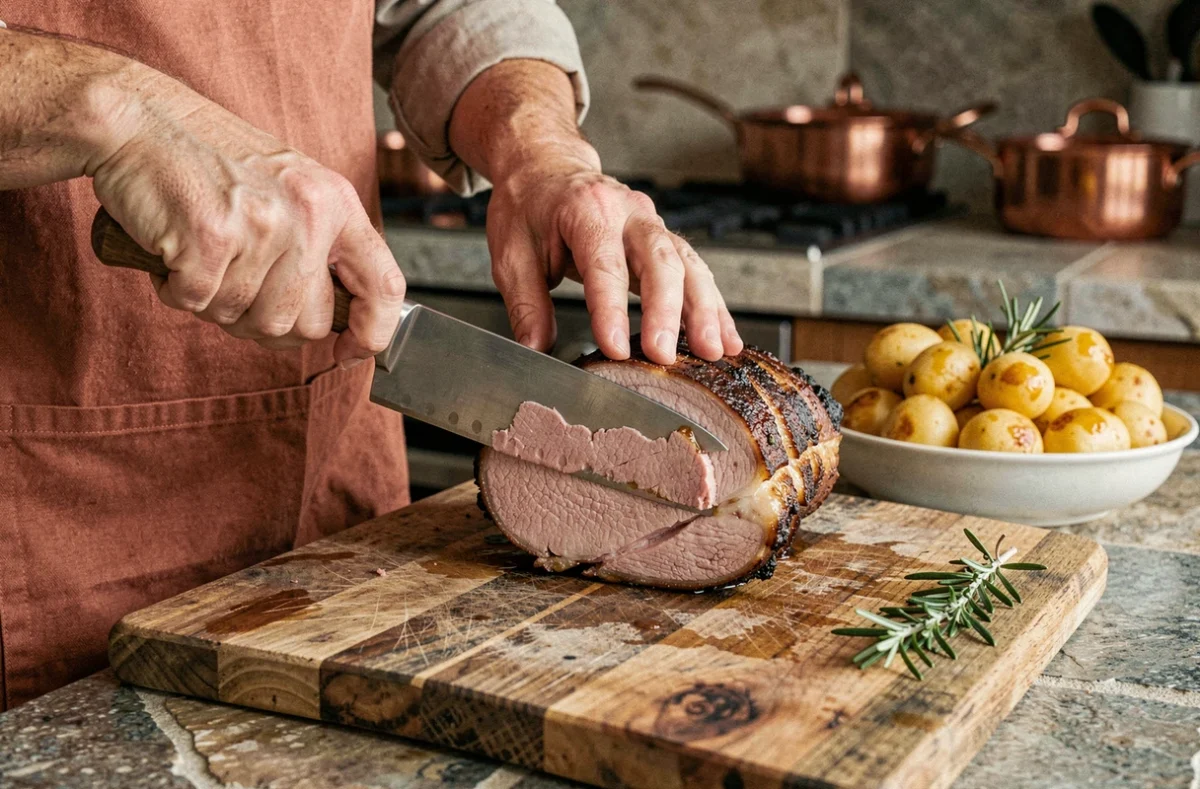 Tranche de rôti de porc cuit en cocotte dévoilant un intérieur juteux rosé accompagné de pommes de terre dorées