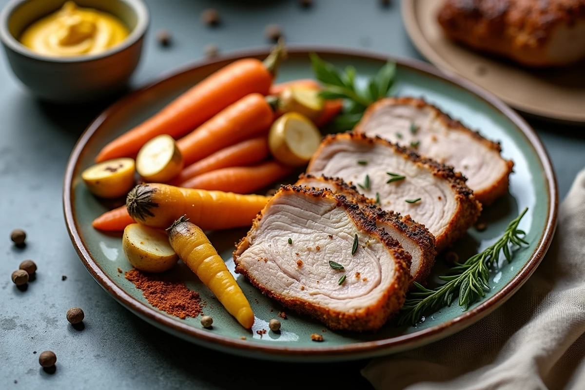 Tranches de rôti de porc avec croûte d'épices et herbes aromatiques servies sur une assiette en céramique artisanale avec légumes racines rôtis et moutarde à l'ancienne