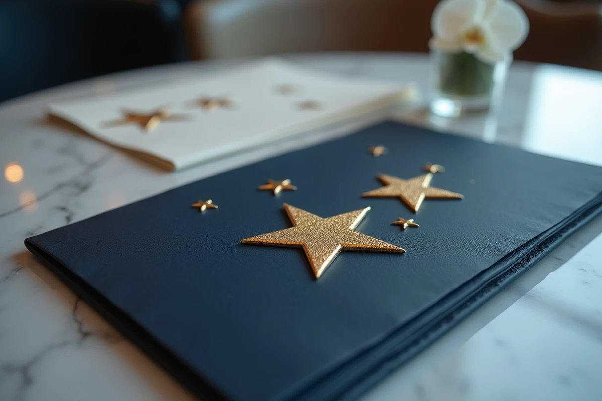 Trois étoiles Michelin dorées sur un menu de restaurant gastronomique posé sur marbre