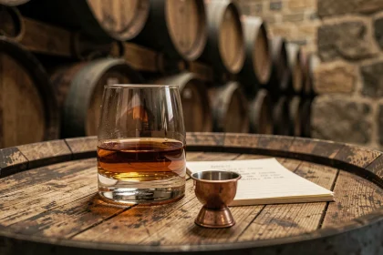Verre de whisky français Fondaudège posé sur un tonneau en chêne dans une cave de distillerie avec des fûts en arrière-plan