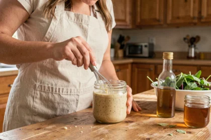 Femme préparant une vinaigrette maison douce dans un bocal en verre avec un petit fouet sur une table en bois