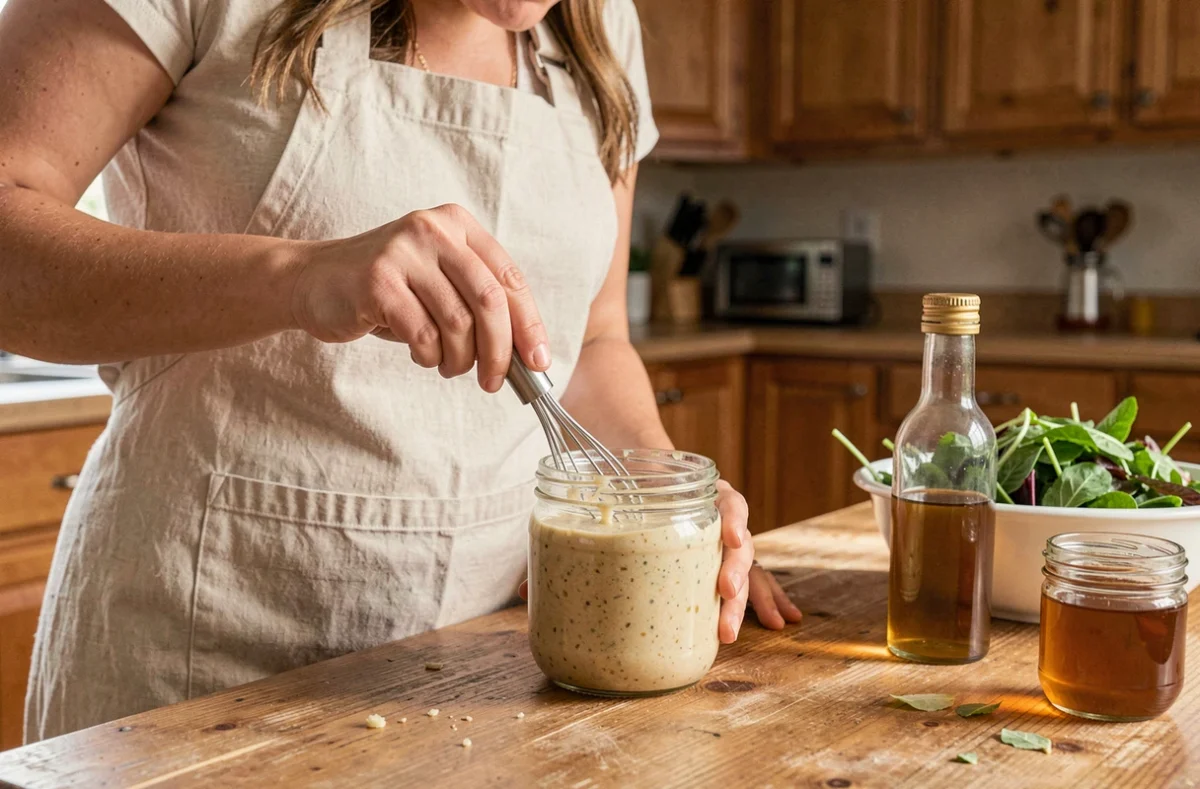 Femme préparant une vinaigrette maison douce dans un bocal en verre avec un petit fouet sur une table en bois
