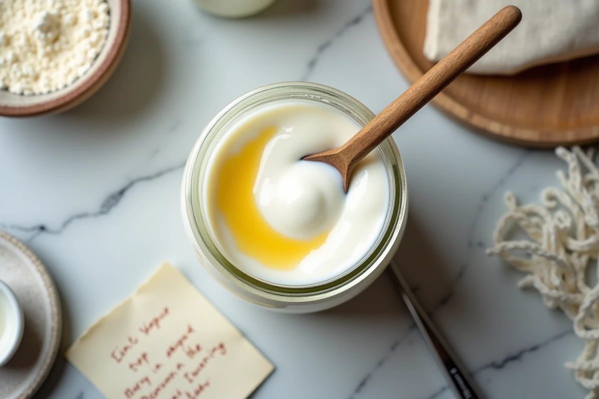 Vue aérienne d'un pot de yaourt maison trop liquide avec du petit-lait en surface, entouré d'ingrédients et d'une fiche recette manuscrite sur marbre